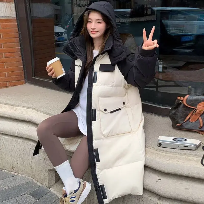 

Loose Fit Long Sleeve Pure Color Fashion Women's Thickened White down Cotton Jacket Hooded Bread Style Winter Coat Casual