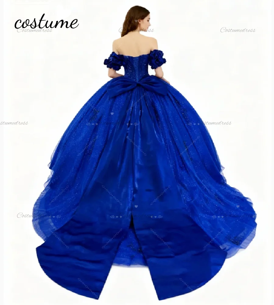 Sparkly azul real vestidos de 15 quinceañera vestido de baile fora dos ombros doce 16 vestido masquerade aniversário ocasião festa vestido