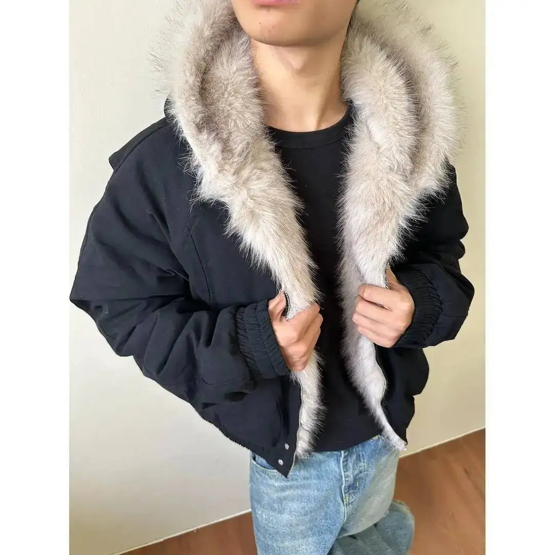 

Retro Unisex Cleanfit Cotton Coat Man Women Eagle Fur Collar Hooded Jacket Thickened Winter Coat Outerwear Parkas