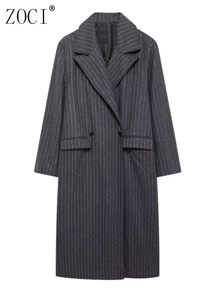 

ZOCI Striped Woolen Overcoats For Women Notched Collar Office Lady Female Long Suit Jackets Pockets 2024 Winter Fashion New
