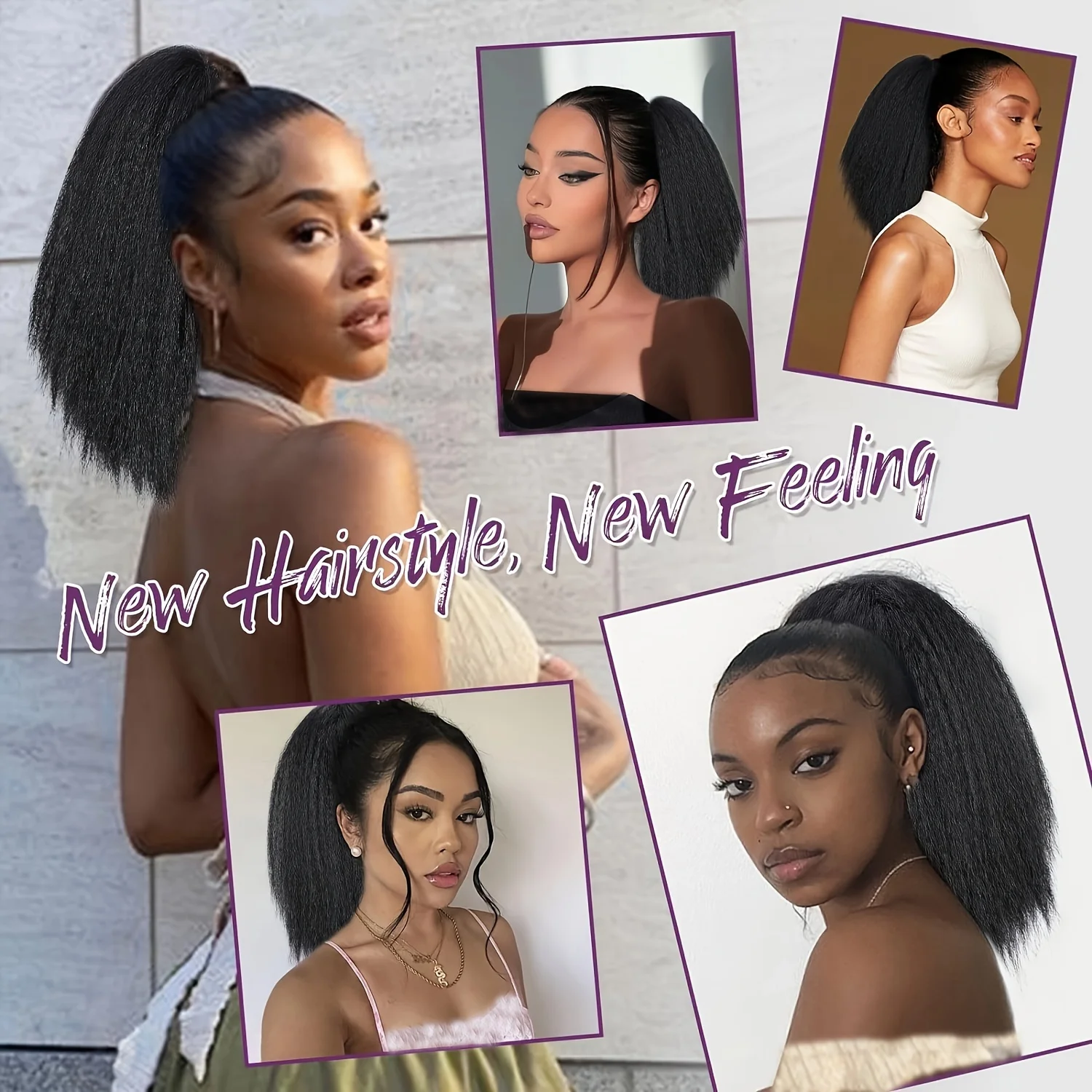 ياكي مخلب كليب وصلات شعر الاصطناعية غريب مستقيم وصلات شعر ذيل حصان أسود رقيق سميكة ذيل حصان للنساء السود #6