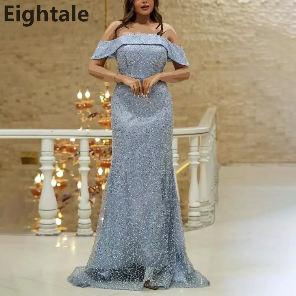 

Eightale 2023 Light Blue Shinning Sequin Prom Dress Off Shoulder Mermaid Maxi Evening Dress Women Formal Party Gown Customized