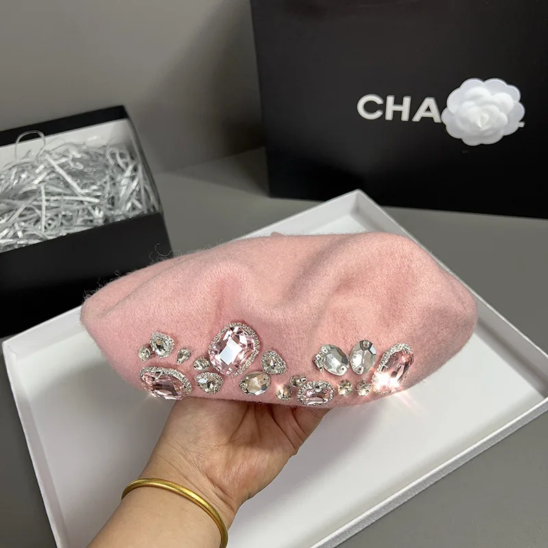 Brand Thick Winter Artist French Beret Girl Women Painter Hat Girls Female Warm Luxury Rhinestone Cap Beanies Sombreros de mujer