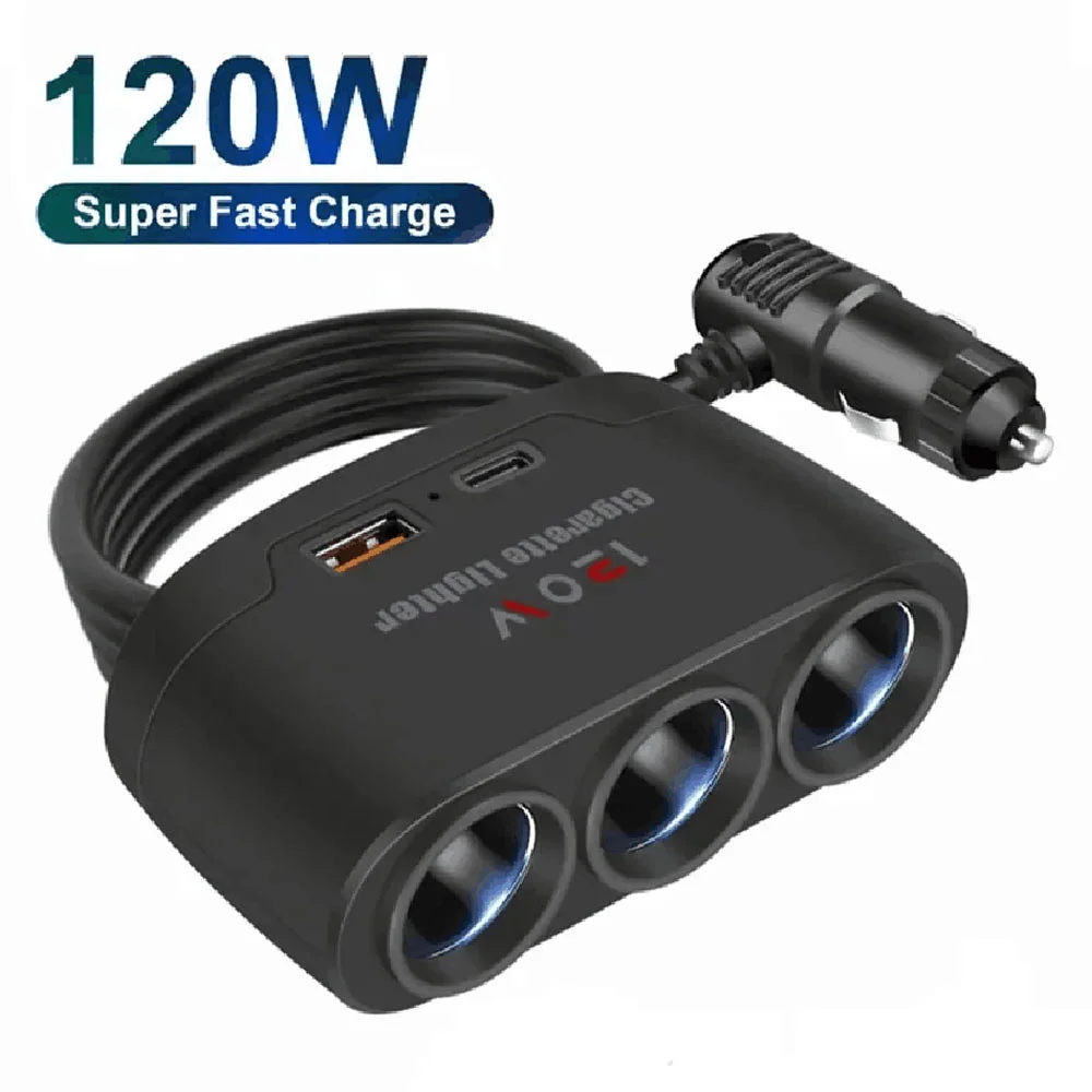 120W 3in1 Car Cigarette Lighter Splitter 12V 24V dual port fast charging adapter durable structure for stable daily power supply