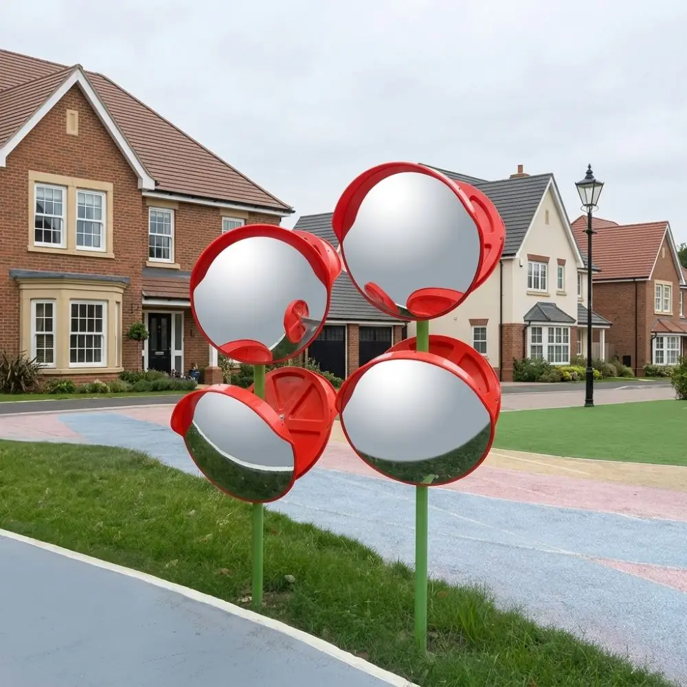Clear View Round Shape Convex Mirror Outdoor Red Traffic Safety Mirror Pole Mountable Driveway Mirror Garage