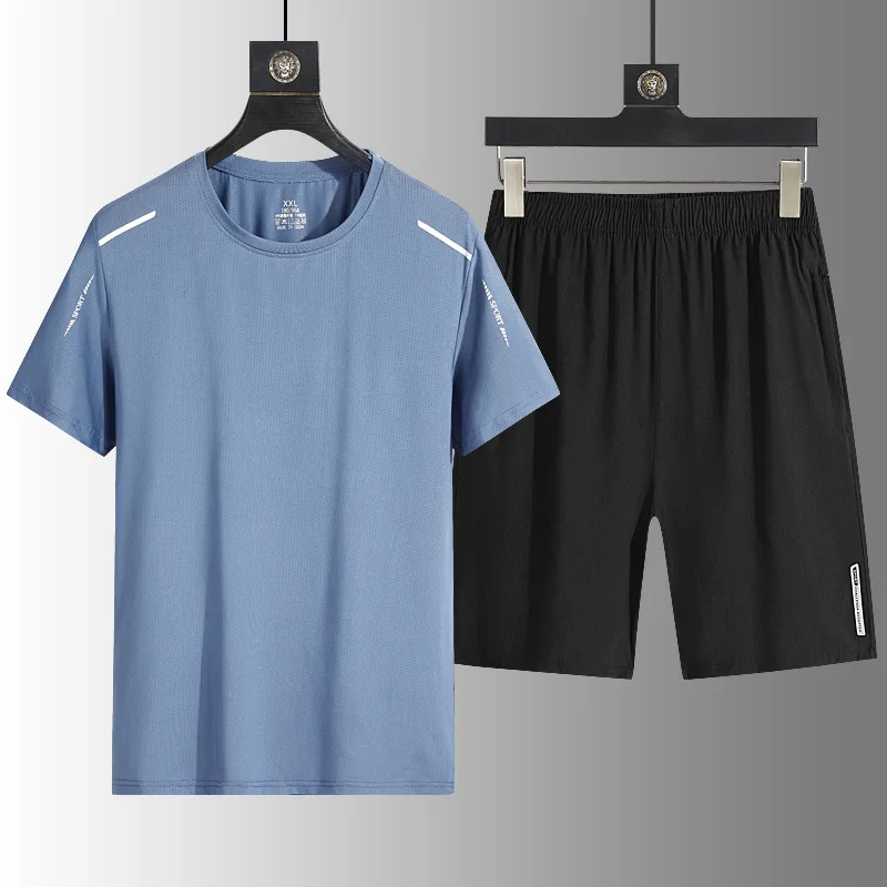 Men Summer Quick Dry Sports Set Short Sleeve T Shirt Shorts 2 Piece Outfit Breathable Loose Casual Running Training Jogging Set view 2