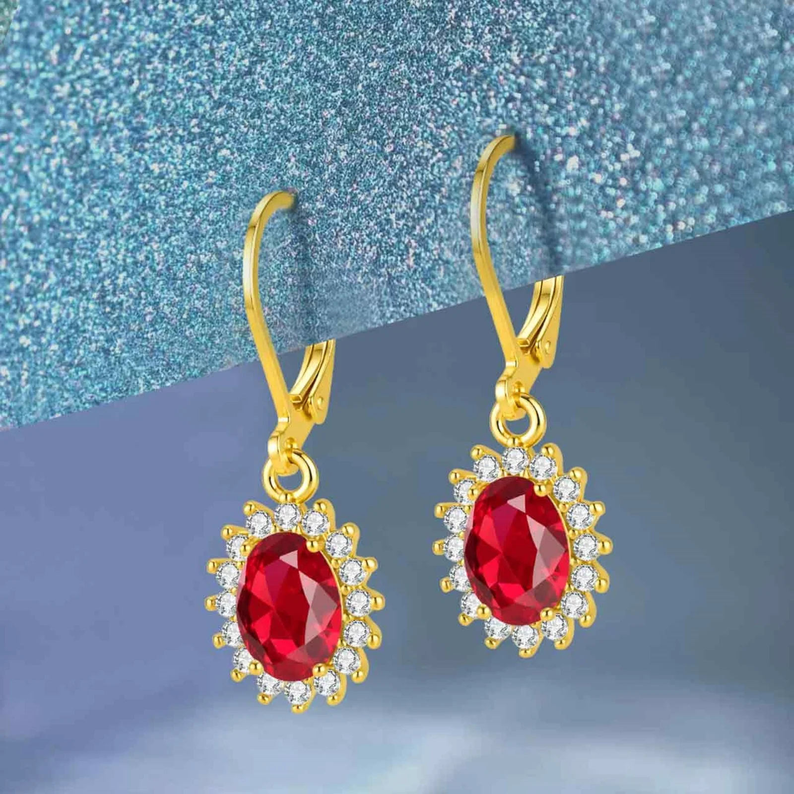 LAMVOICE Gold Oval Synthetic Ruby Halo Leverback Dangle Earrings,Hypoallergenic Anti‑Tarnish Women Party Jewelry