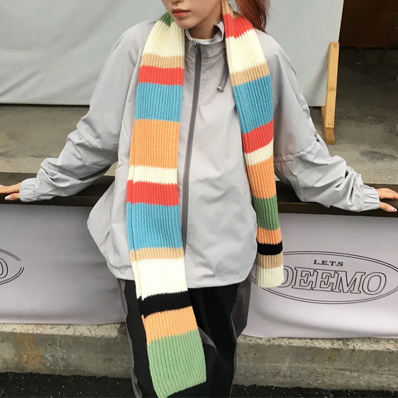 Rainbow Striped Knitted Scarf Female Japanese Sweet Warm Scarf Women Autumn Winter Fashion Knitwear Shawl Foulards Korean Style