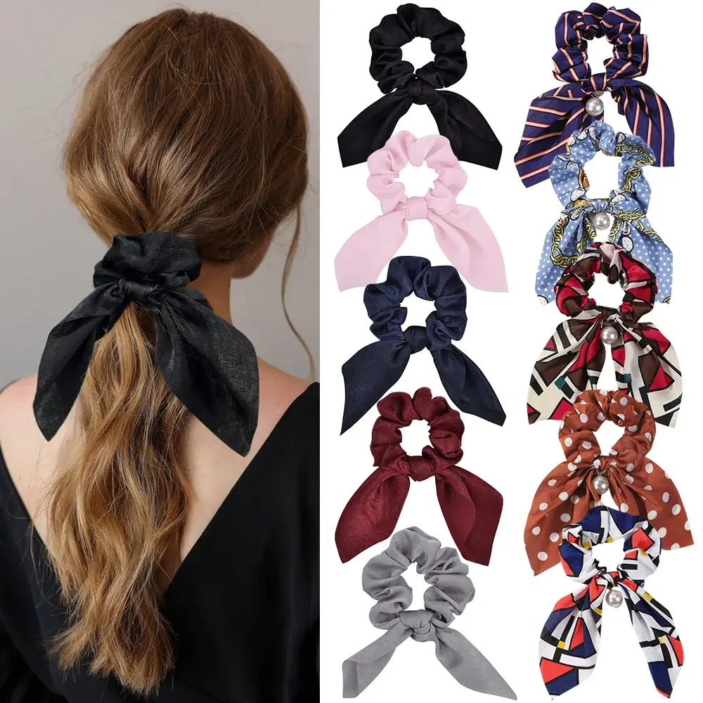 2025 New Chiffon Bowknot Elastic Hair Bands for Women Girls Pearl Scrunchies Headband Hair Ties Ponytail Holder Hair Accessories