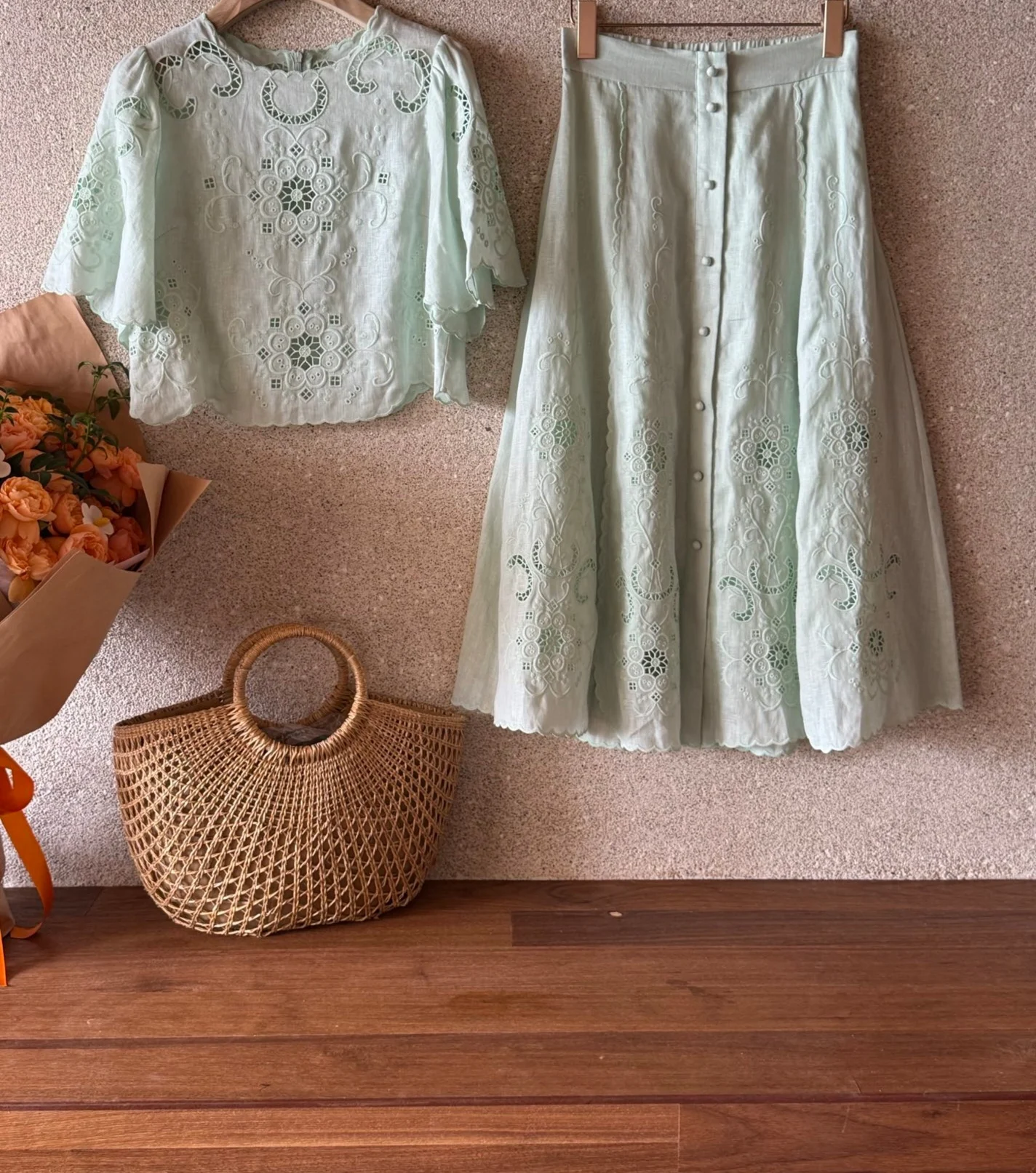 2026 Summer Linen Embroidered Round Neck Short Sleeve Top+High Waist Skirt Set