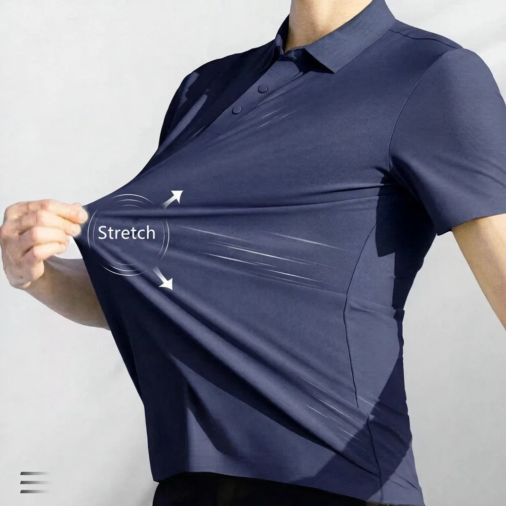 New Summer Ice Silk Polo Shirt High-End T-Shirt Solid Color Wrinkle Resistant Stretch Casual Short Sleeve Popular Business Thin