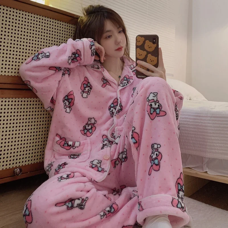 Hello Kitty Winter Fleece Warm Coral Fleece Warm Thickened Women\'s Pajamas Silk Pajamas Women\'s Yugui Dog Homewear Set