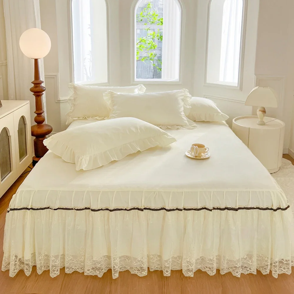 

White Lace Bed Sheet Skirt Queen/King Size Bed Cover Solid Color Plain Bedspreads For Double Bed(pillowcase need order)