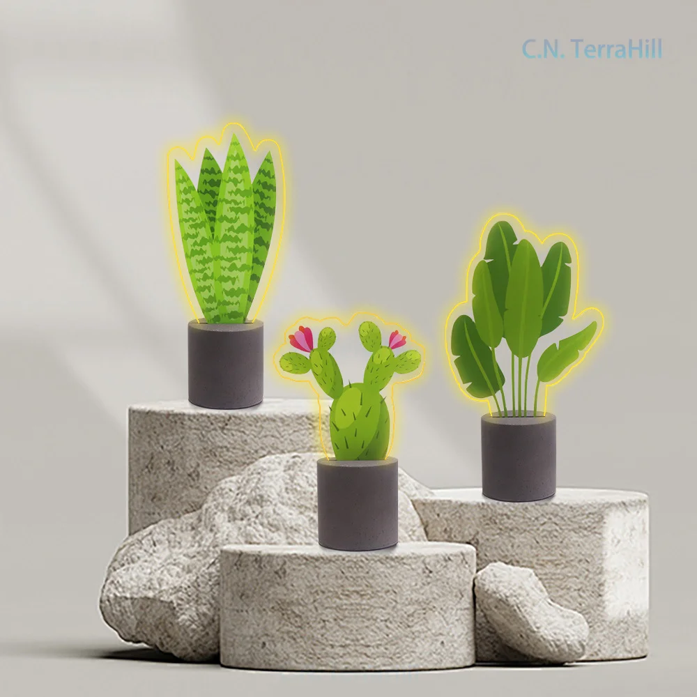 Artificial Tiger Skin Sansevieria Plant Pot with LED Night Light Cement Decorative Ornament Gift for Home Office