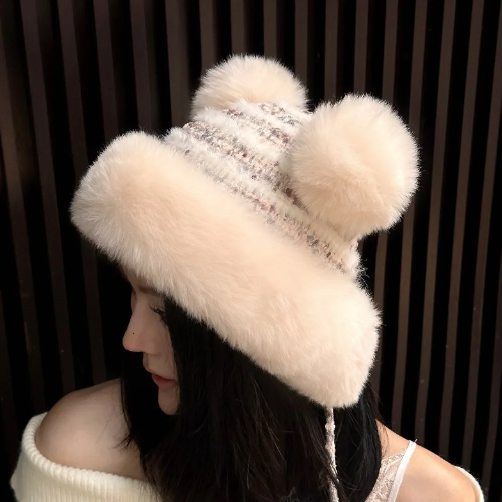 

Fashion Winter Warm Ear Protection Cap Cute Ears Thickened Plush Pompom Balls Cap Windproof Fluffy Pullover Cap Autumn Winter
