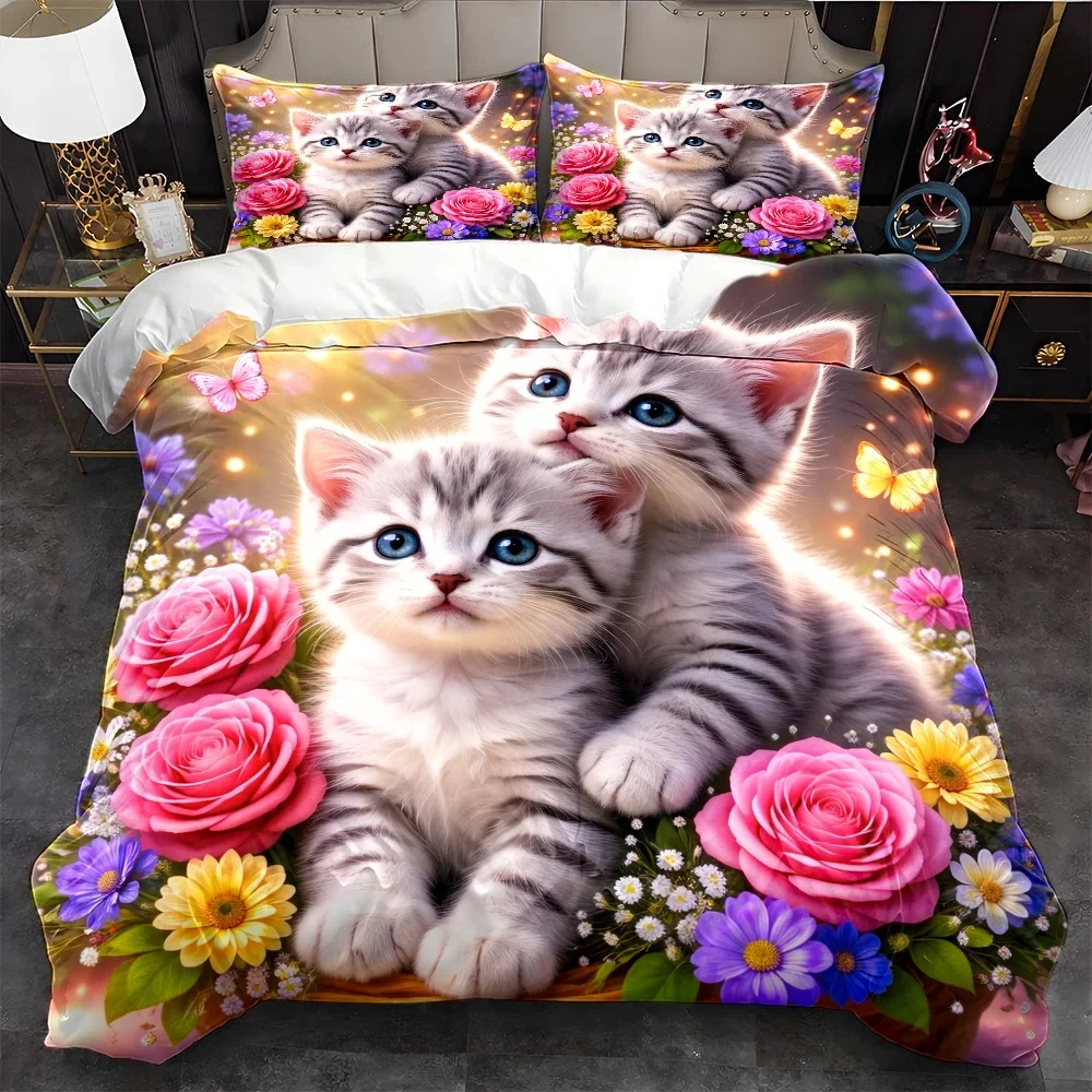 3Pcs Cute Cat and Floral Pattern Duvet Cover Set with 1Pc Duvet Cover and 2Pcs Pillowcases Bedding Accessories Quilt Cover