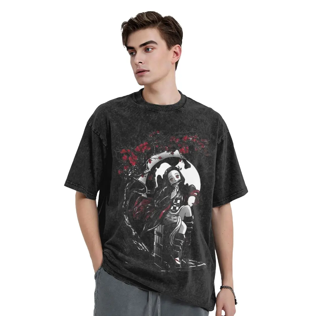 Kamado Demon Slayers Nezuko Washed T Shirt Streetwear Retro T-Shirt Tees Tops for Men Women 100% Cotton Oversize Graphic Printed