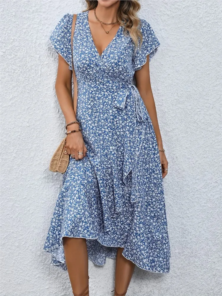 Summer Women's Floral Elegant Split Mid-length Dress Fashion V-neck High-waisted Cardigan Tie Short-sleeved Irregular Dresses