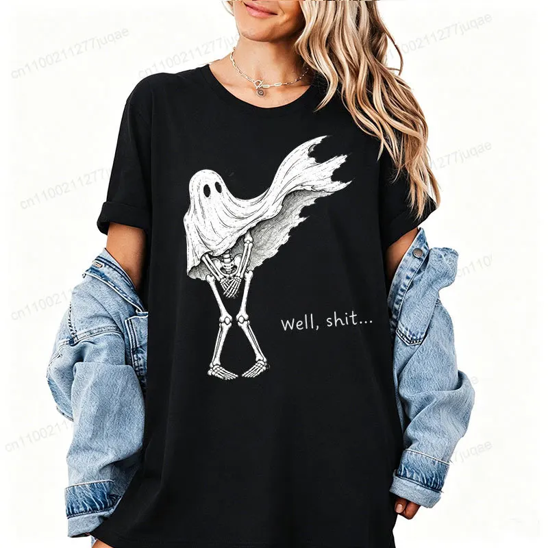 Funny Skeleton Ghost T‑Shirt Well Shit Graphic Print Tees Women Gothic Punk Streetwear Casual Short Sleeve Loose Halloween Tops