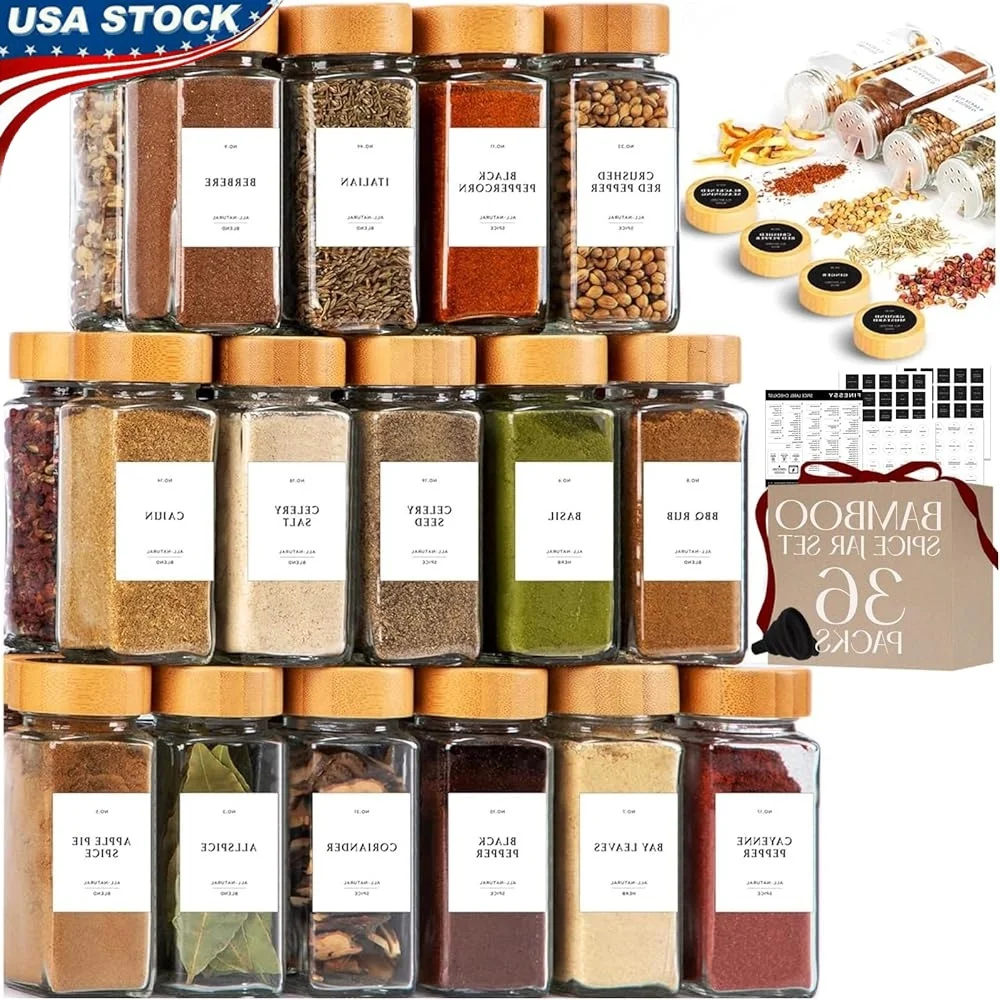 

36 Count 4oz Empty Glass Spice Bottles with Bamboo Lids Labels Airtight Jars Kitchen Storage and Organization