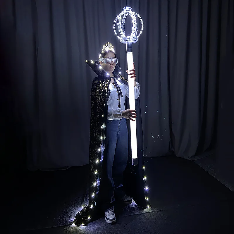 LED Cloak Cape Queen King Halloween Cosplay Costume Light Up Clothes Crown Men Women Nightclub Party Dress Up Winner Props 2024