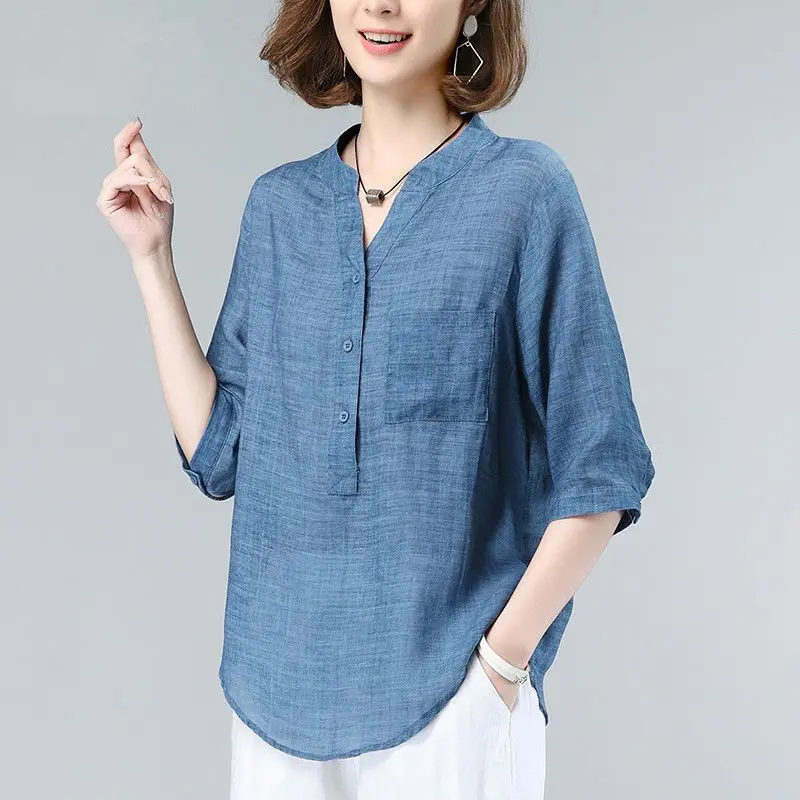 Women\'s Clothing Button Pleated Stand Collar Simplicity Comfortable Solid Three Quarter Sleeve Pockets Casual Elegant Blouses