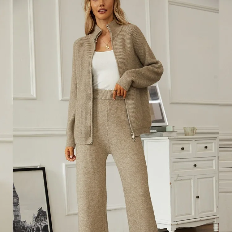 Women Pant Sets Two Piece Wide Leg Pants Solid Knit Splice Full Sleeve Zipper Thick Cardigan Sweaters Elegant Office Lady