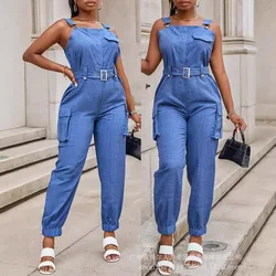 Women's Clothing Imitation Denim High Waist Cargo Jumpsuit Pockets Solid Color Ankle Length Overall Pants Jumpsuits