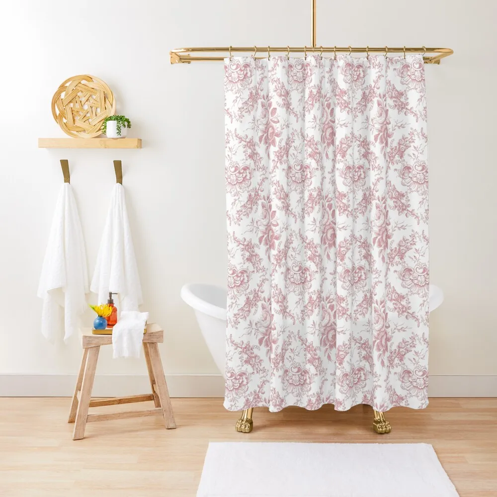 

Pink Rose Toile Shower Curtain Waterproof Fabric Bathroom Shower For Bathroom Anime Shower Curtain
