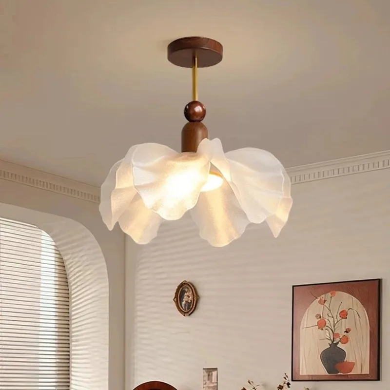 French Retro Flower Shape Pendant Lights Wooden LED Living Room Bedroom Dining Hall Kitchen Study Soft Atmosphere Hanging Lamps