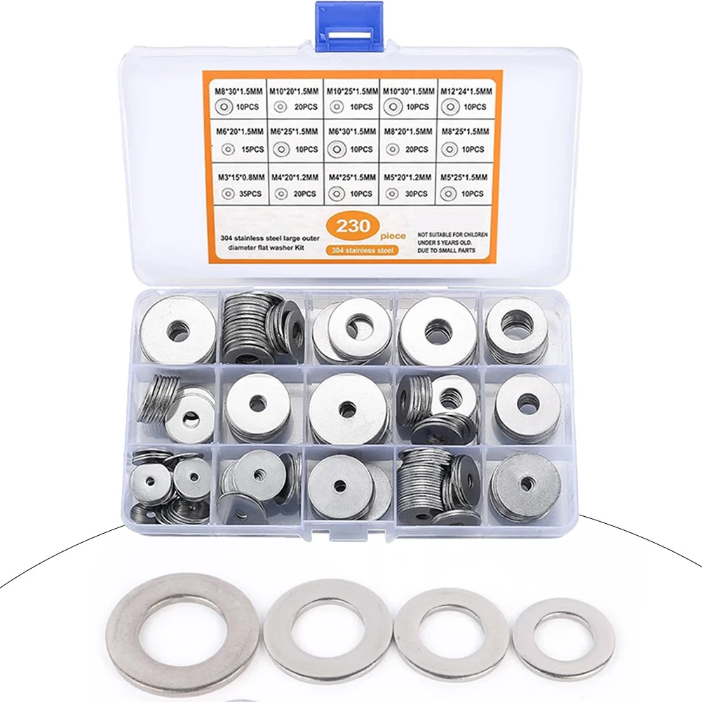 

230pcs Flat Washers 304 Stainless Steel Gasket Multisize Washer Assortment Kit For Electrical Connections Furniture Installation