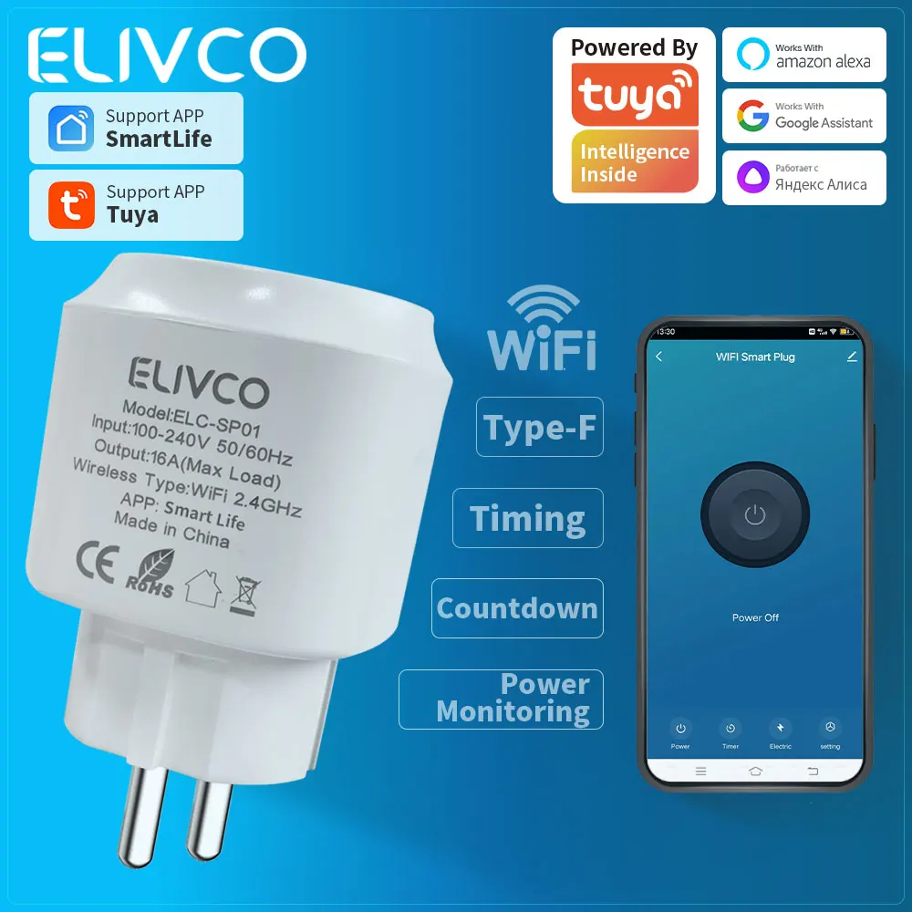 

Tuya Smart Plug 16A WiFi Socket With Timing/Countdown/Power Monitoring Supports Google Assistant/Alexa/Alice/Salute