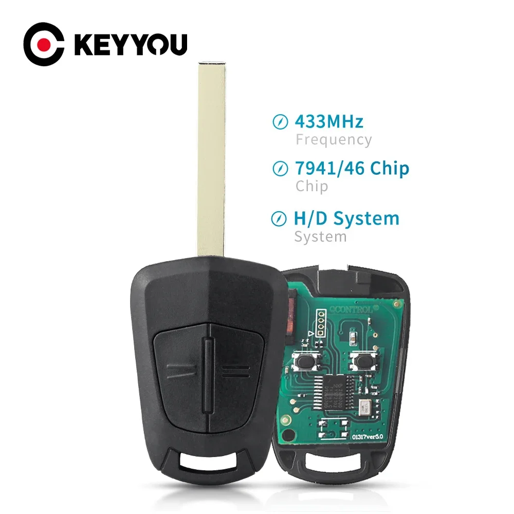 

KEYYOU 2-кнопочный дистанционный ключ для автомобиля 433 МГц PCF7941 для Opel Vauxhall Astra H 2004-2009, Zafira B 2005-2013, Corsa D 2007-2012, Meriva B