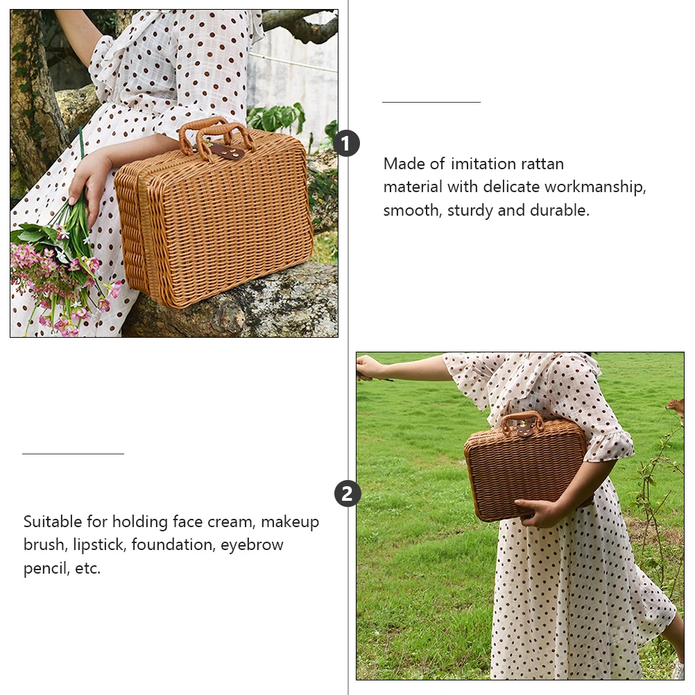 Estuche organizador de maquillaje de ratán, caja de cosméticos portátil, almacenamiento de tubo sólido para cepillos, cremas, lápices labiales, base, lápices, casa