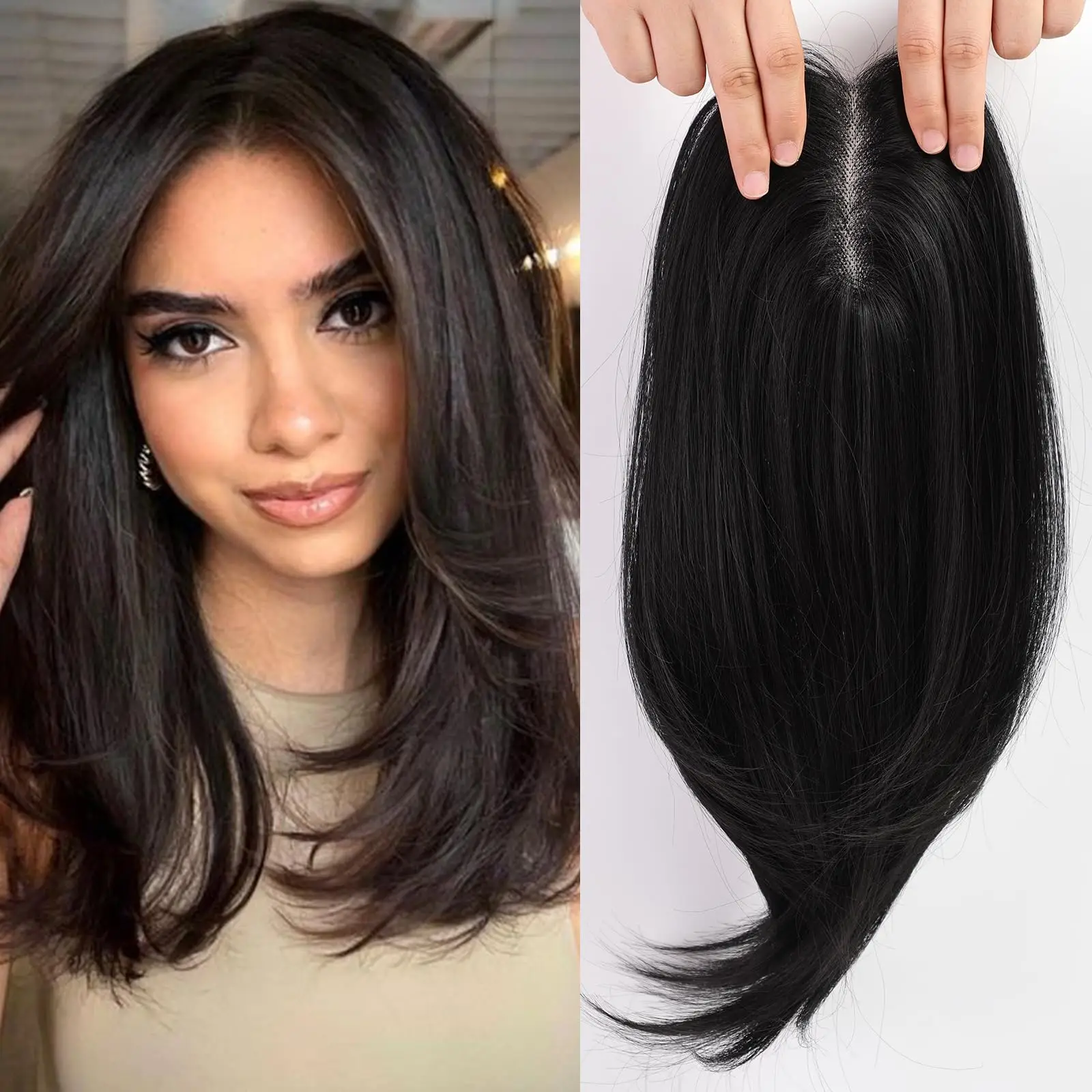 

Remy Human Hair Women Topper 14" Straight Hairpiece with Lace Front & Natural Parting Clip In Woman Hair Wig