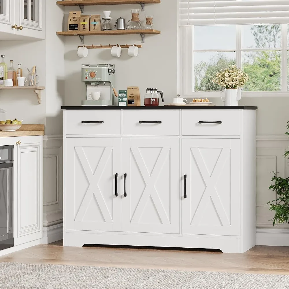 Credenza moderna per Buffet della fattoria, armadietto per porte da fienile, Bar in legno con contenitore per sala da pranzo, cucina, bianco/nero