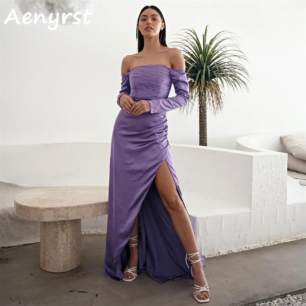 Aenyrst-Vestidos de Fiesta de manga larga con cuello de barco, vestido plisado con abertura de sirena, hombros descubiertos, púrpura, largo hasta el suelo