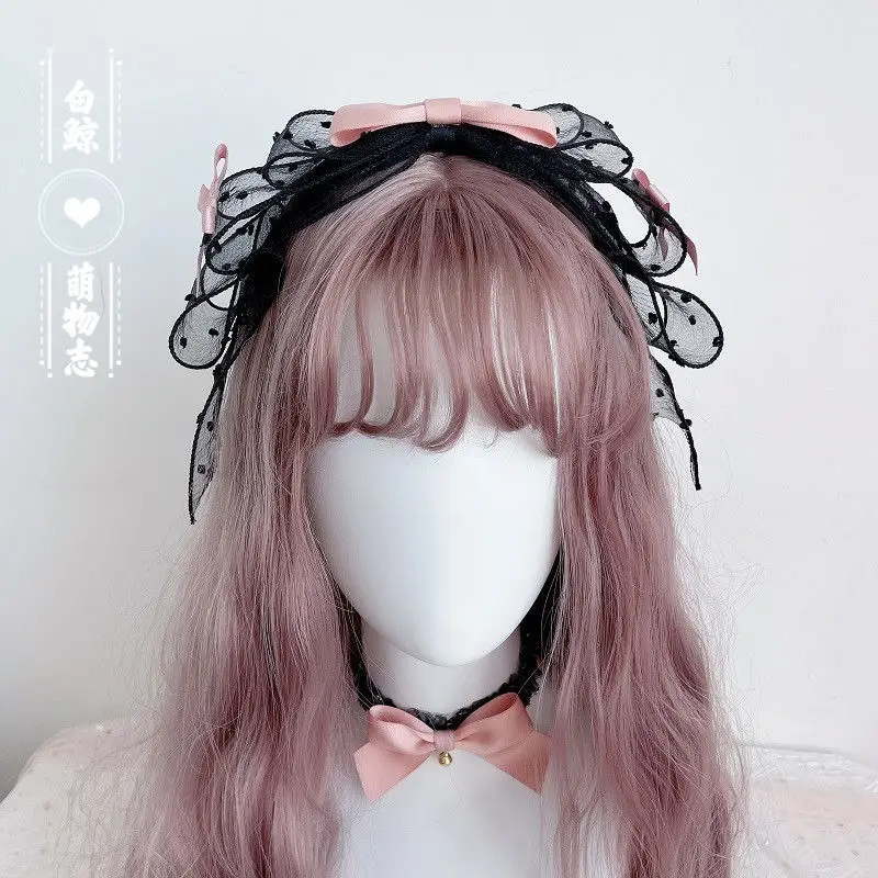 Lolita Headwear Blackberry Kitty Black Pink Lolita Polka Dot Bow KC Hair Accessories Japanese Sweet Anime Accessories