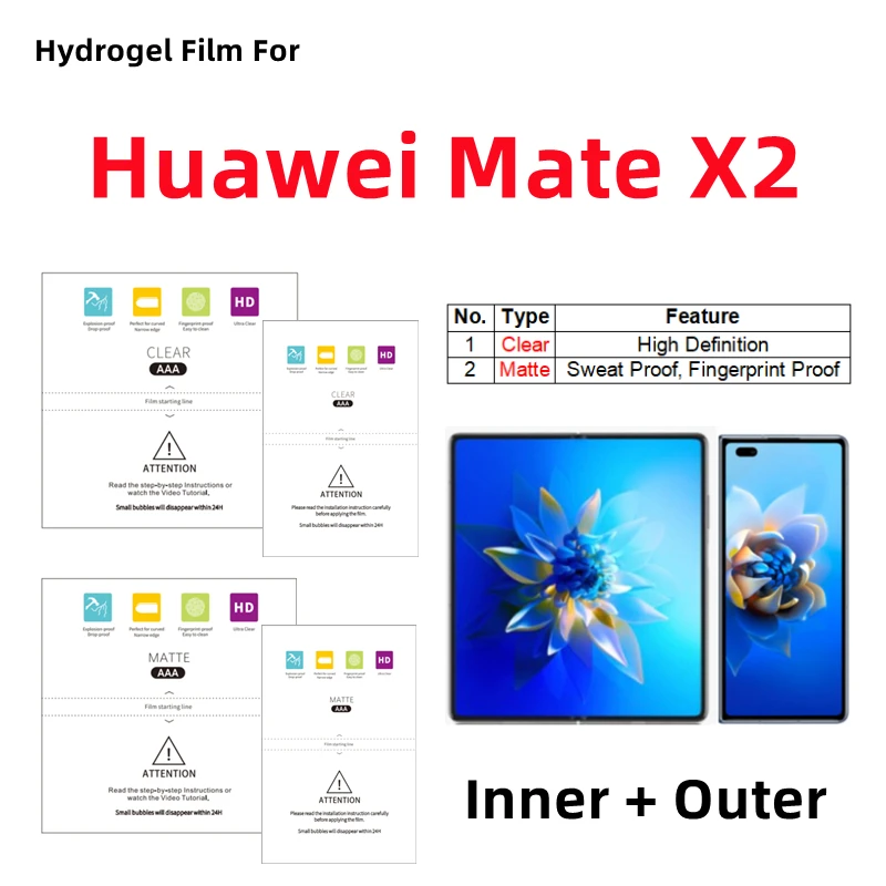 

Inner + Outer Matte Hydrogel Film For Huawei Mate X2 Clear Protective Film Folding Phone Huawei Mate X2 HD Screen Protector