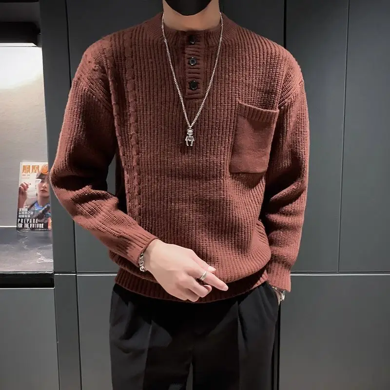 

High-end Half-high-neck Button Sweater for Men's Knitted Sweater with Twisted Flowers and Thickened Warmth and Slim Base Sweater