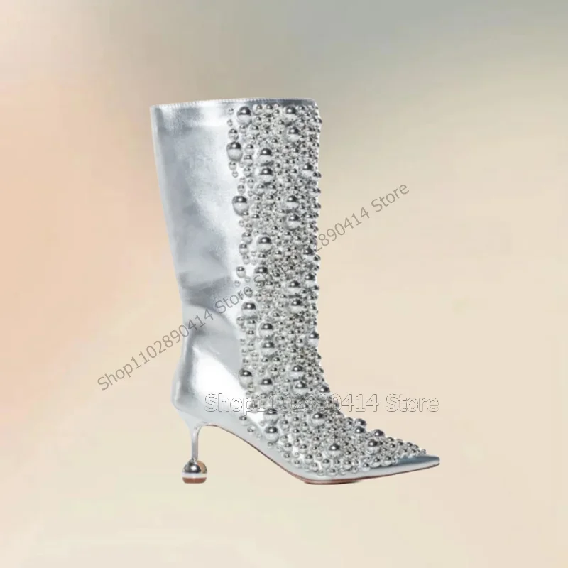 Silver Rivets Decor Pointed Toe Strange Style Heels Boots Side Zipper Women Shoes Fashion Party Banquet 2023 Zapatos Para Mujere