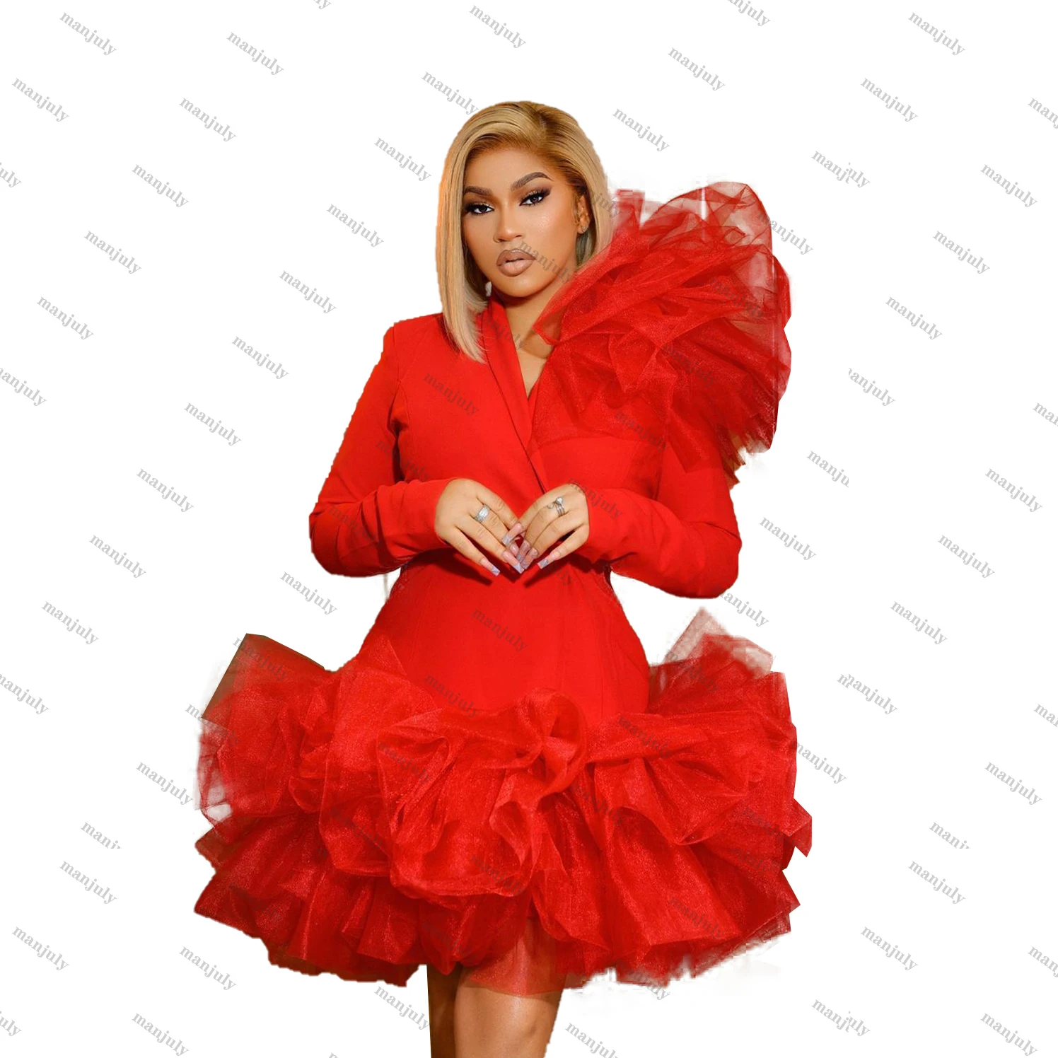 Imagem -06 - Fatos Blazer Vermelho para Mulheres Jaqueta com Babados Seios Duplos Vestido Acima do Joelho Vestido de Luxo Feito sob Medida Baile e Celebridade Pcs