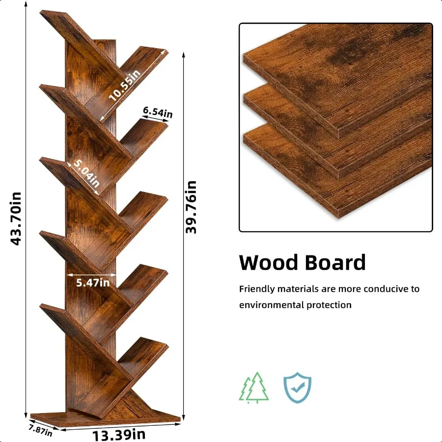 Estantería para libros de árbol de 10 niveles, estantería de madera de pie para espacio estrecho, organizador de almacenamiento, estanterías para libros, CD, revistas