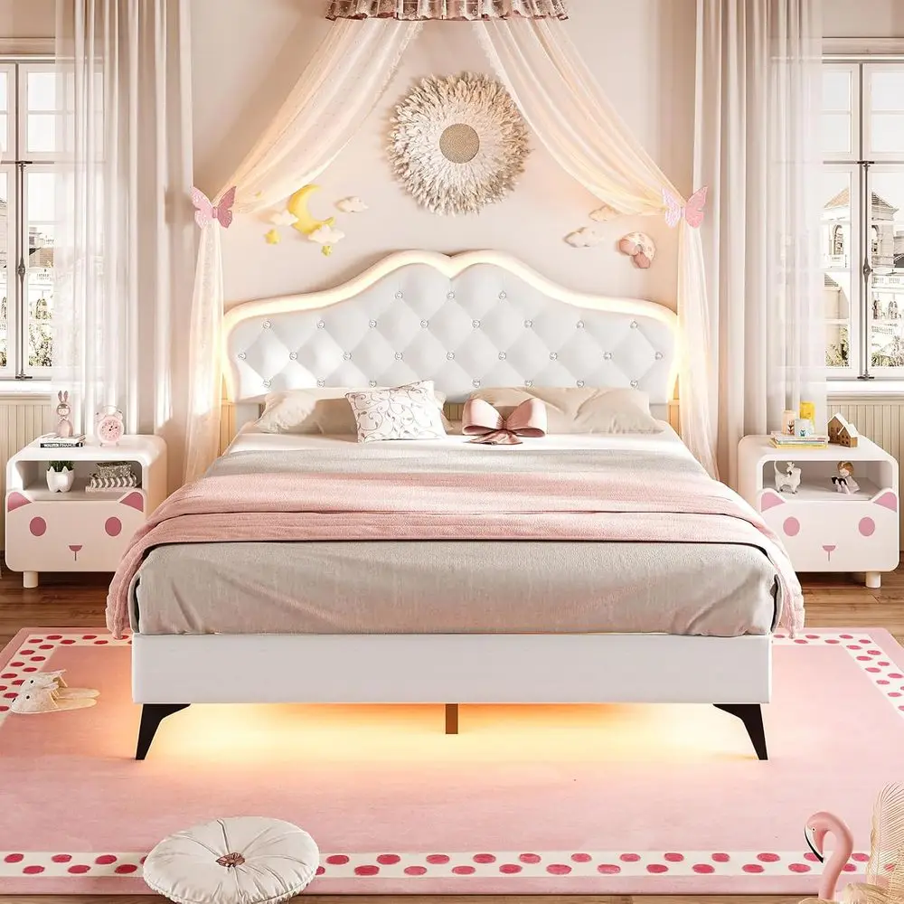 Queen Size Upholstered Bed Frame with LED Lighting, Crystal Button Headboard, Girls' Princess Platform Bed, Solid Wood Slat Supp