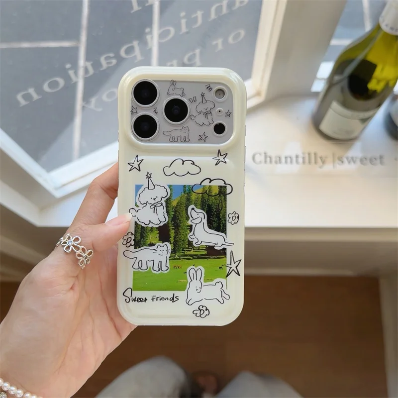

Kawaii Sweet Friends Animal Sketch Print Cream Phone Case For iPhone 17 16 15 Pro Max Korea Fashion Cute Protective Cover