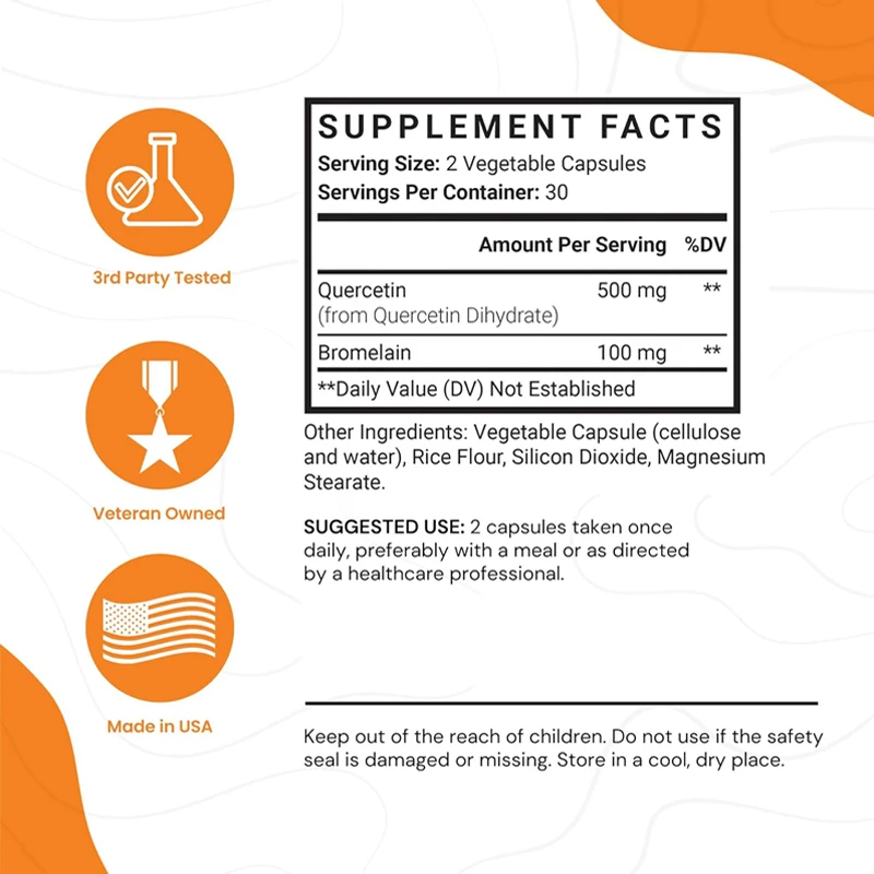 Quercetin 500 мг содержит высококачественный бромелайн, антиоксидант с высокой впитывающей способностью, поддержку иммунитета и 60 капсул