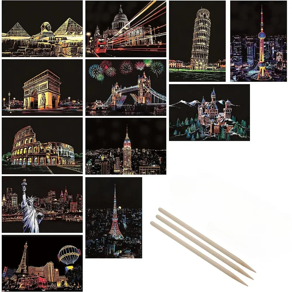 4Pcs /set Children DIY Night Scene Art Scratch Painting City Building Landscape Kids Educational Toys Birthday Gift Room Decor