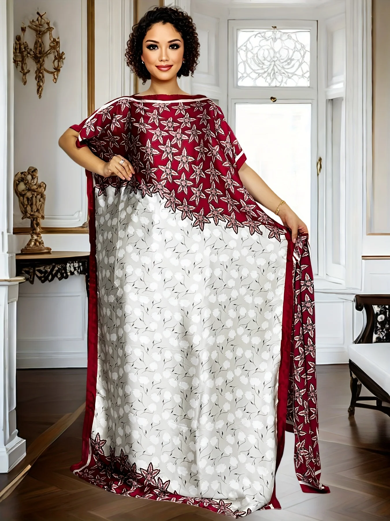 

Evening Floral Print Dress Women's Batwing Sleeve Maxi Dress Floor-Length Loose Fit Gown