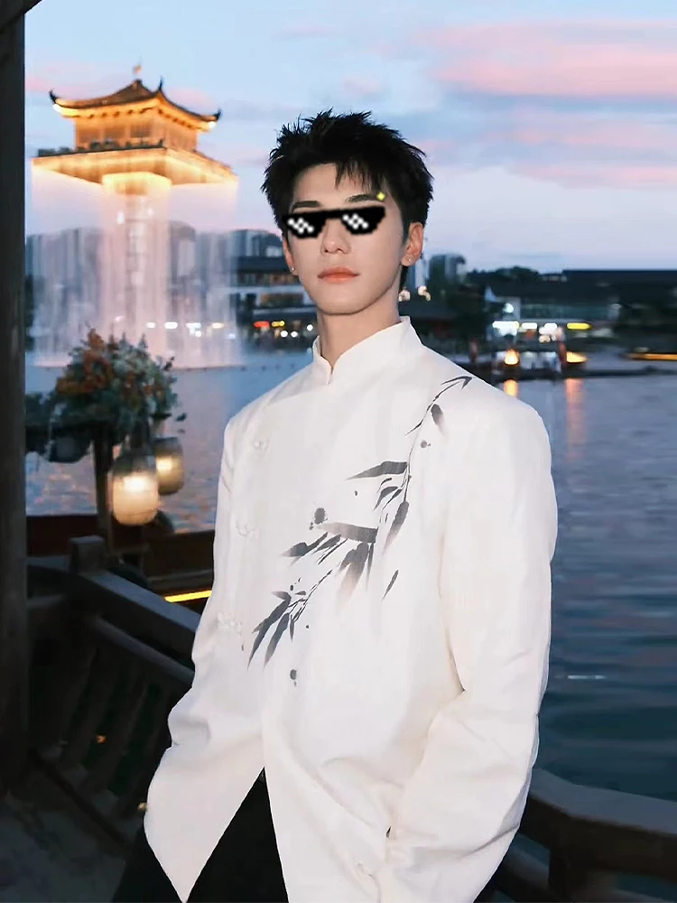 

Новая мужская куртка в китайском стиле с подплечниками, белая, осенне-зимняя, модная, с воротником-стойкой, в стиле Чжунган Тан