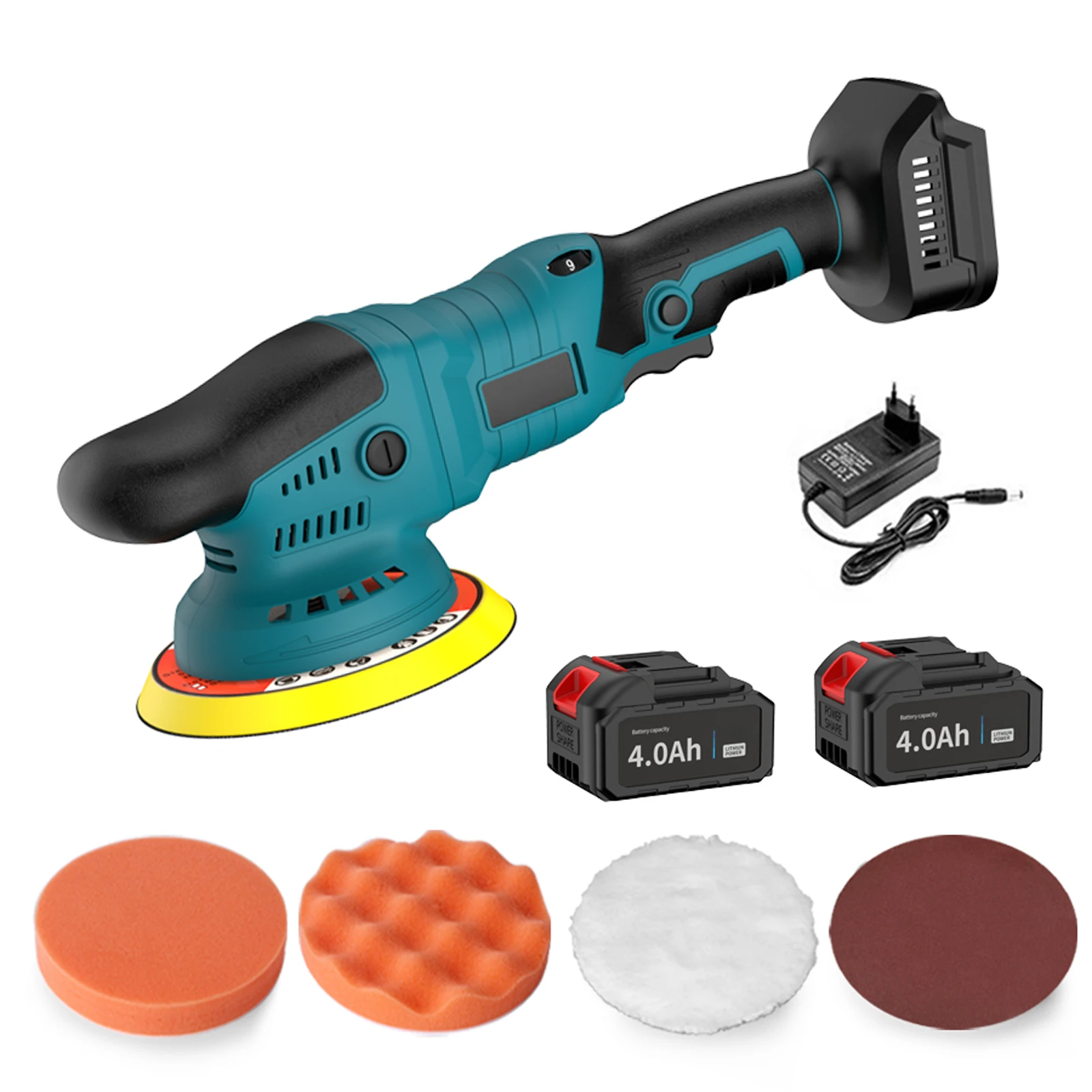 5 Inch 21V Cordless Random Orbital Polisher 2x4000mAh Batteries 6 Variable Speed 9mm Stroke 4-Piece Set for Car Detailing